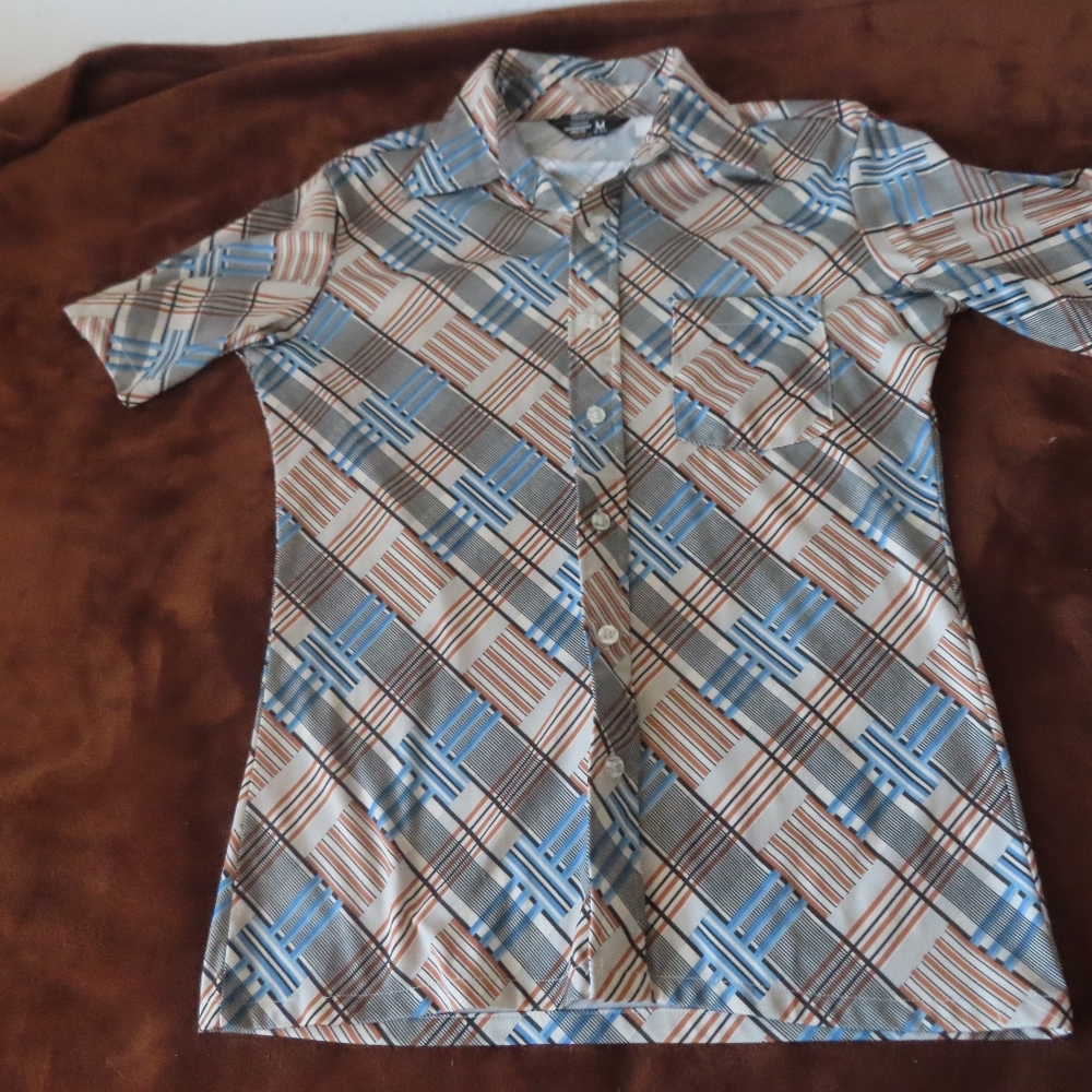 Vintage 70s Disco Shirt JC Penney AOP Geometric M Dagger Collar tapered